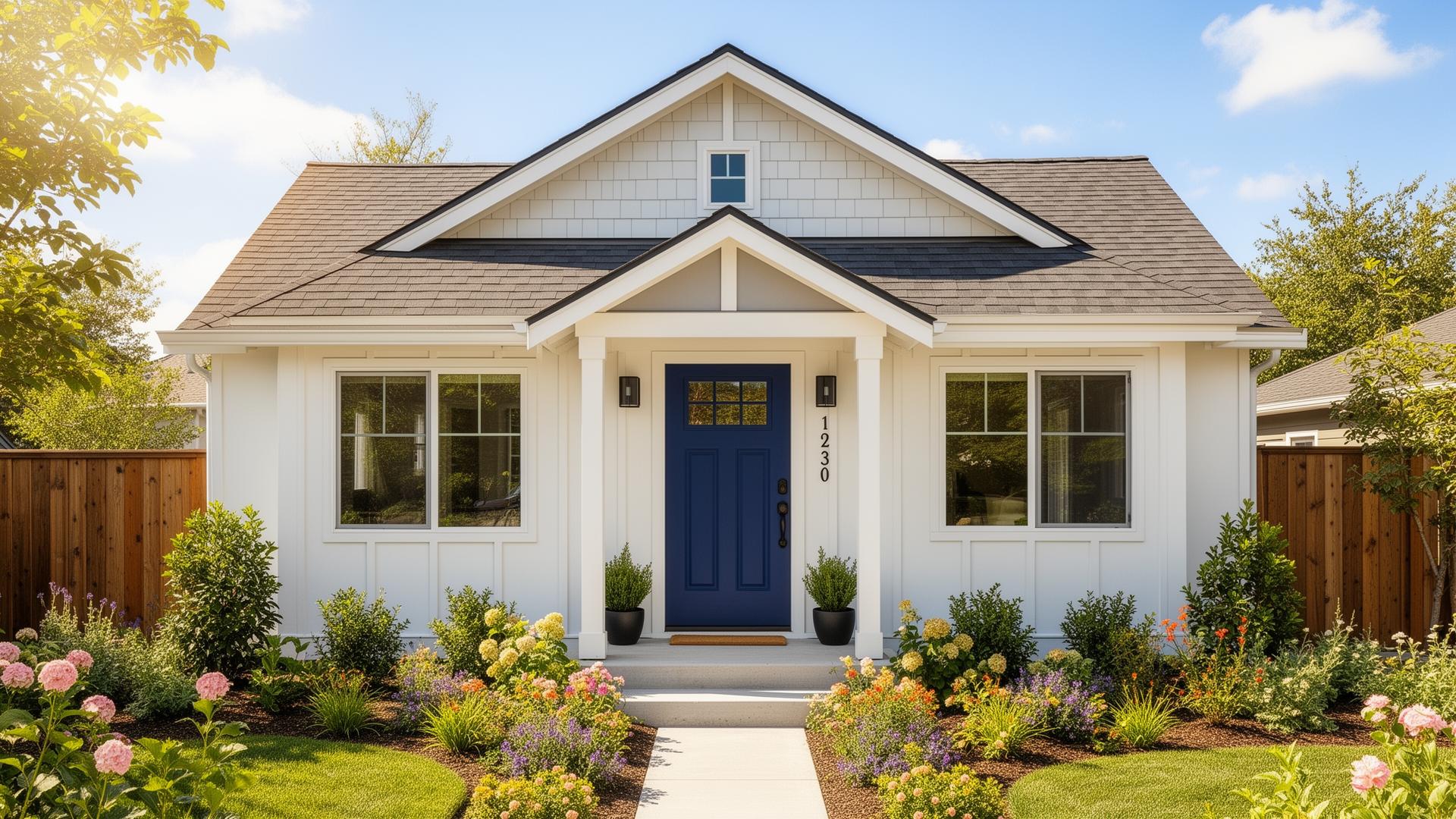 A small craftsman home with a navy front door
